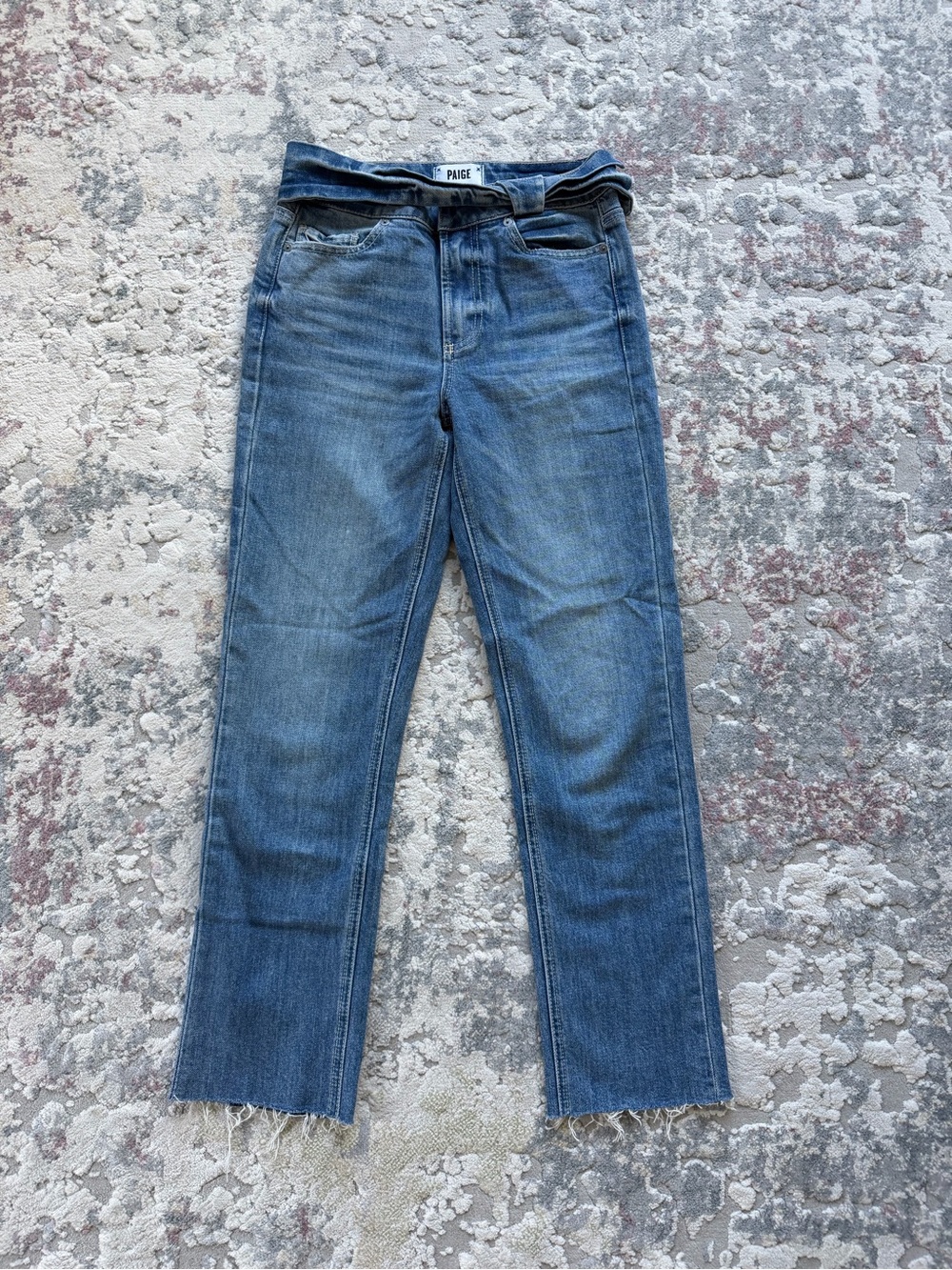 PAIGE Medium Blue Raw-Hem Straight Jeans